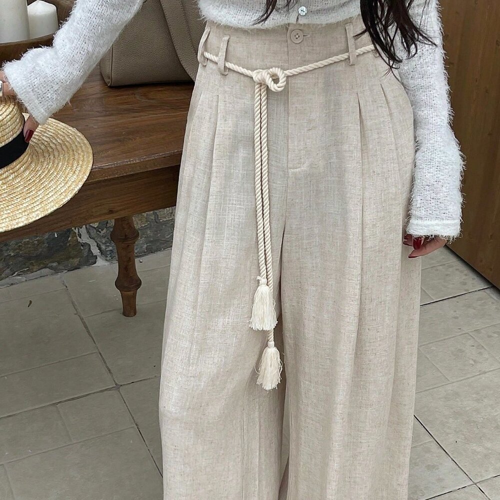 Beige Casual Women's Loose Fit Folded Pleat Wide Leg Pants - Picture 3 of 7